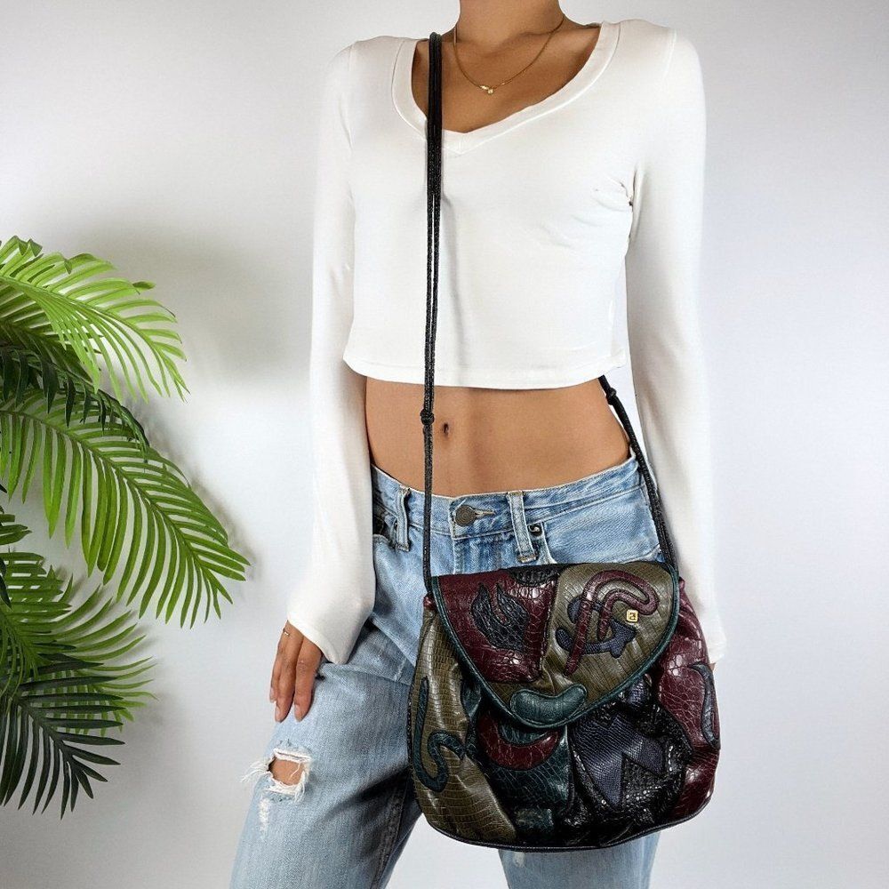 Vintage 80s Grunge Boho Patchwork Multicolor Faux Leather Aztec Crossbody Bag